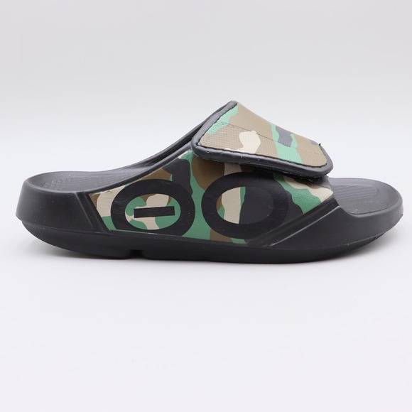 OOFOS OOahh Sport Flex Camo Recovery Slide Sandals Mens 7 Womens 9 Black Green